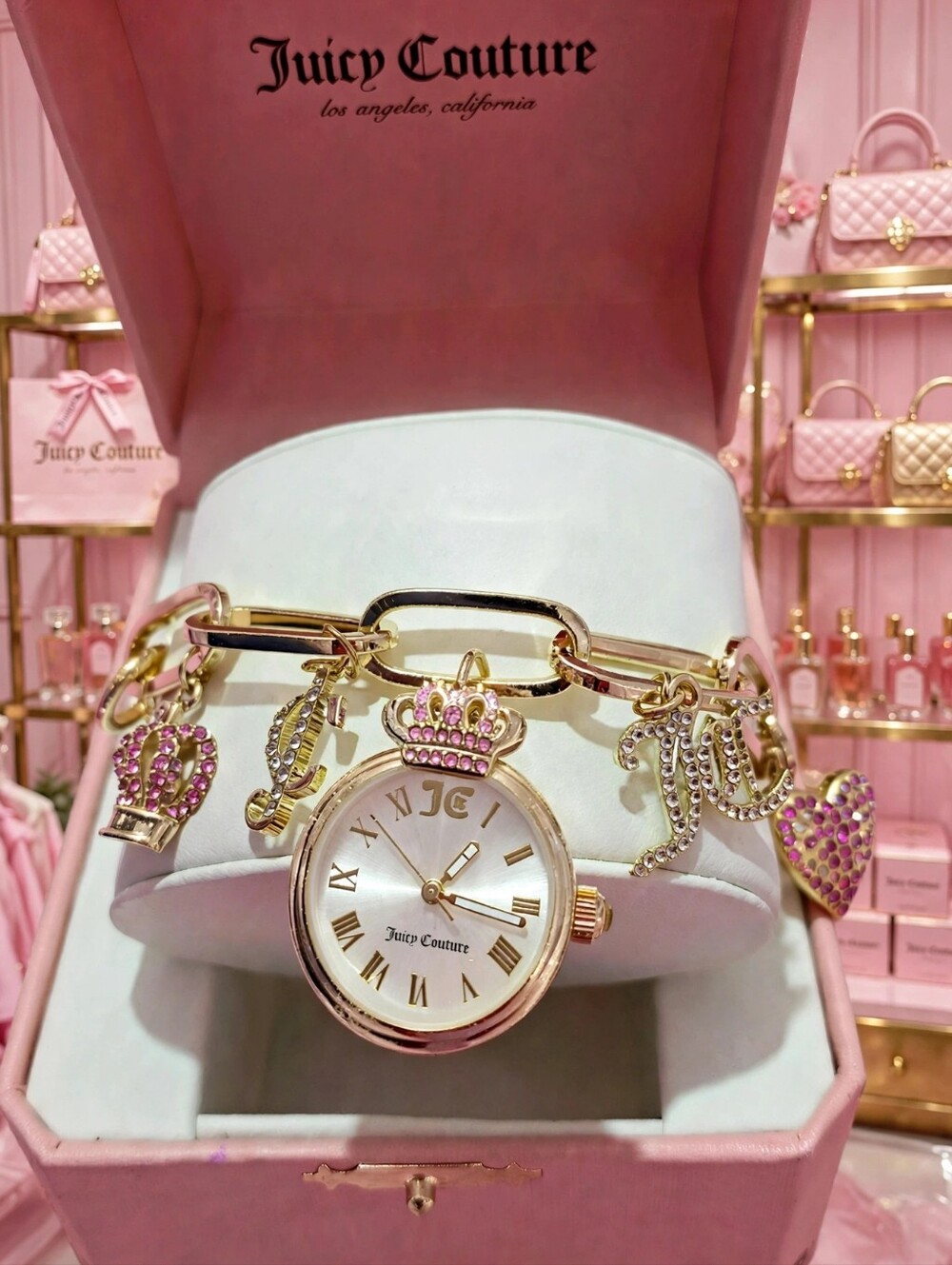 *💎🩷Juicy Couture* Gold-Tone Bracelet Watch Dangling Crown, Heart,Logo Charms💎